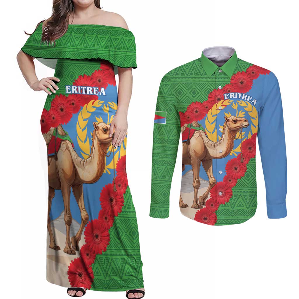 Personalised Eritrea Arabian Camel Couples Matching Off Shoulder Maxi Dress and Long Sleeve Button Shirt Gerbera Flower Flag Color