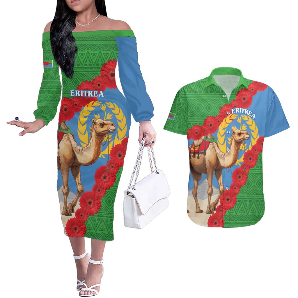 Personalised Eritrea Arabian Camel Couples Matching Off The Shoulder Long Sleeve Dress and Hawaiian Shirt Gerbera Flower Flag Color