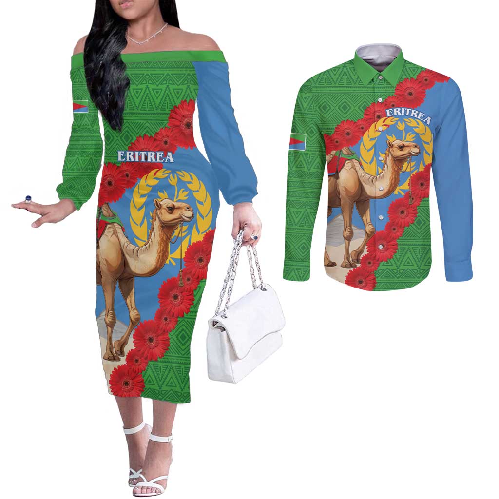 Personalised Eritrea Arabian Camel Couples Matching Off The Shoulder Long Sleeve Dress and Long Sleeve Button Shirt Gerbera Flower Flag Color