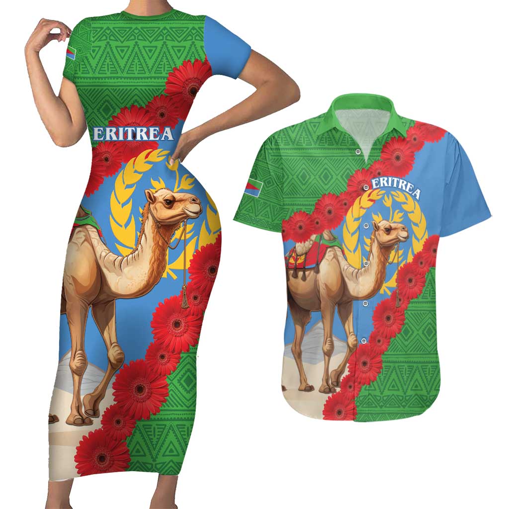 Personalised Eritrea Arabian Camel Couples Matching Short Sleeve Bodycon Dress and Hawaiian Shirt Gerbera Flower Flag Color