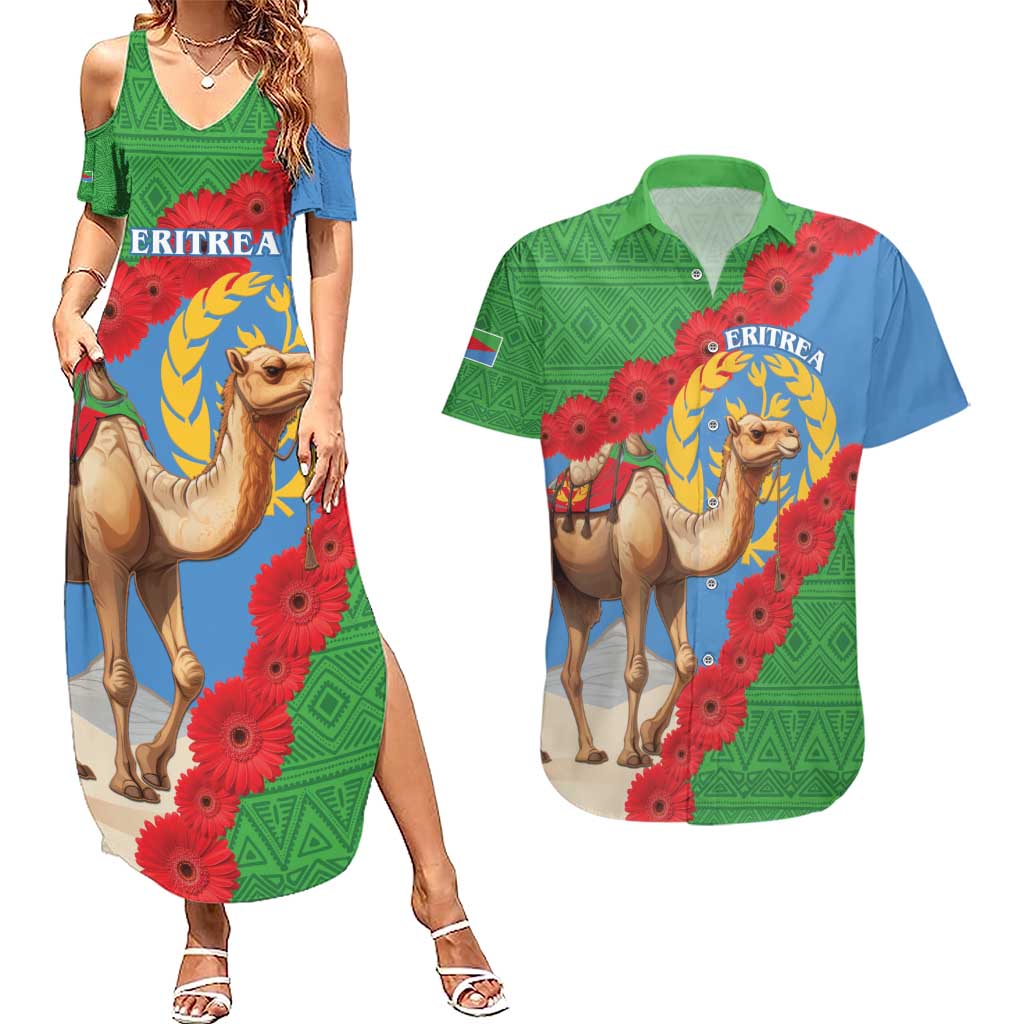 Personalised Eritrea Arabian Camel Couples Matching Summer Maxi Dress and Hawaiian Shirt Gerbera Flower Flag Color