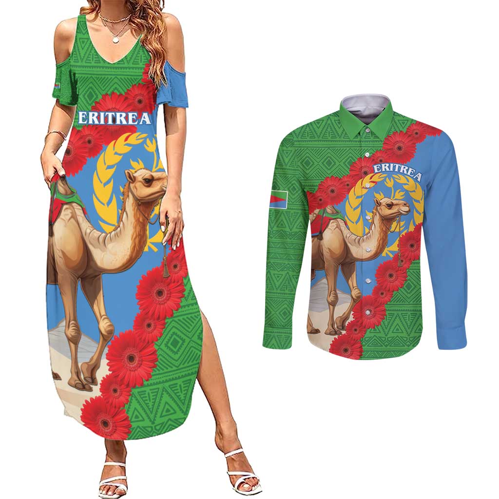 Personalised Eritrea Arabian Camel Couples Matching Summer Maxi Dress and Long Sleeve Button Shirt Gerbera Flower Flag Color