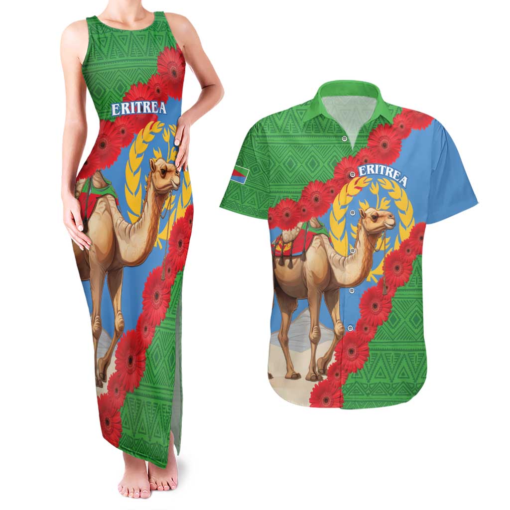 Personalised Eritrea Arabian Camel Couples Matching Tank Maxi Dress and Hawaiian Shirt Gerbera Flower Flag Color