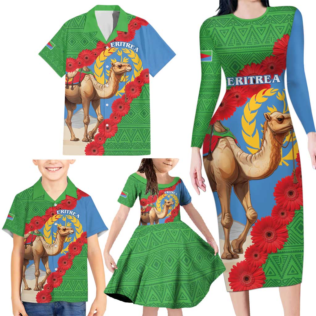 Personalised Eritrea Arabian Camel Family Matching Long Sleeve Bodycon Dress and Hawaiian Shirt Gerbera Flower Flag Color