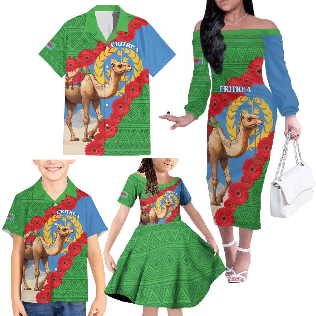 Personalised Eritrea Arabian Camel Family Matching Off The Shoulder Long Sleeve Dress and Hawaiian Shirt Gerbera Flower Flag Color