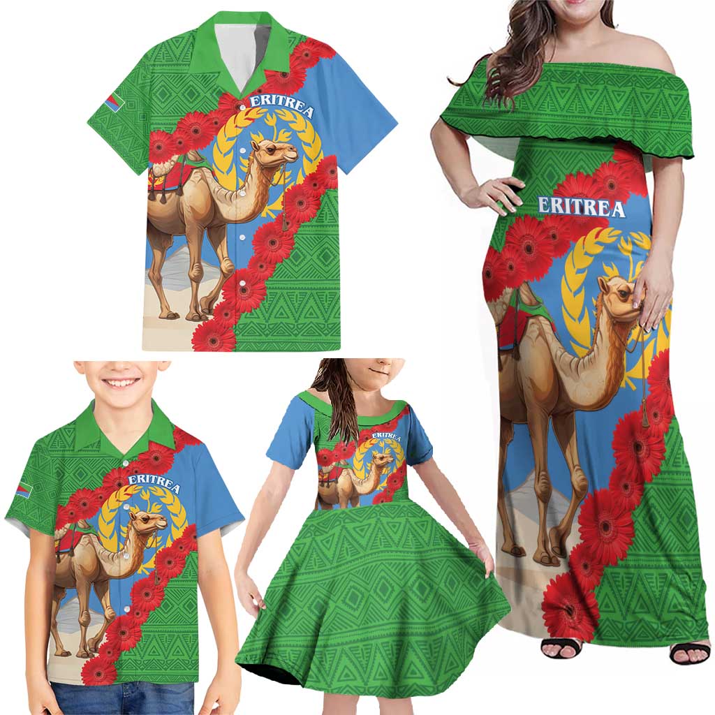 Personalised Eritrea Arabian Camel Family Matching Off Shoulder Maxi Dress and Hawaiian Shirt Gerbera Flower Flag Color