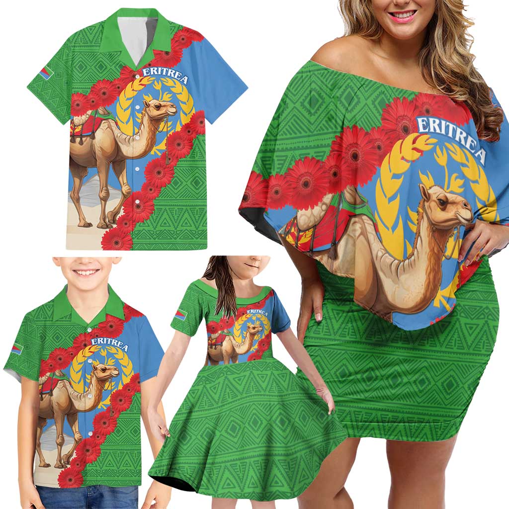 Personalised Eritrea Arabian Camel Family Matching Off Shoulder Short Dress and Hawaiian Shirt Gerbera Flower Flag Color