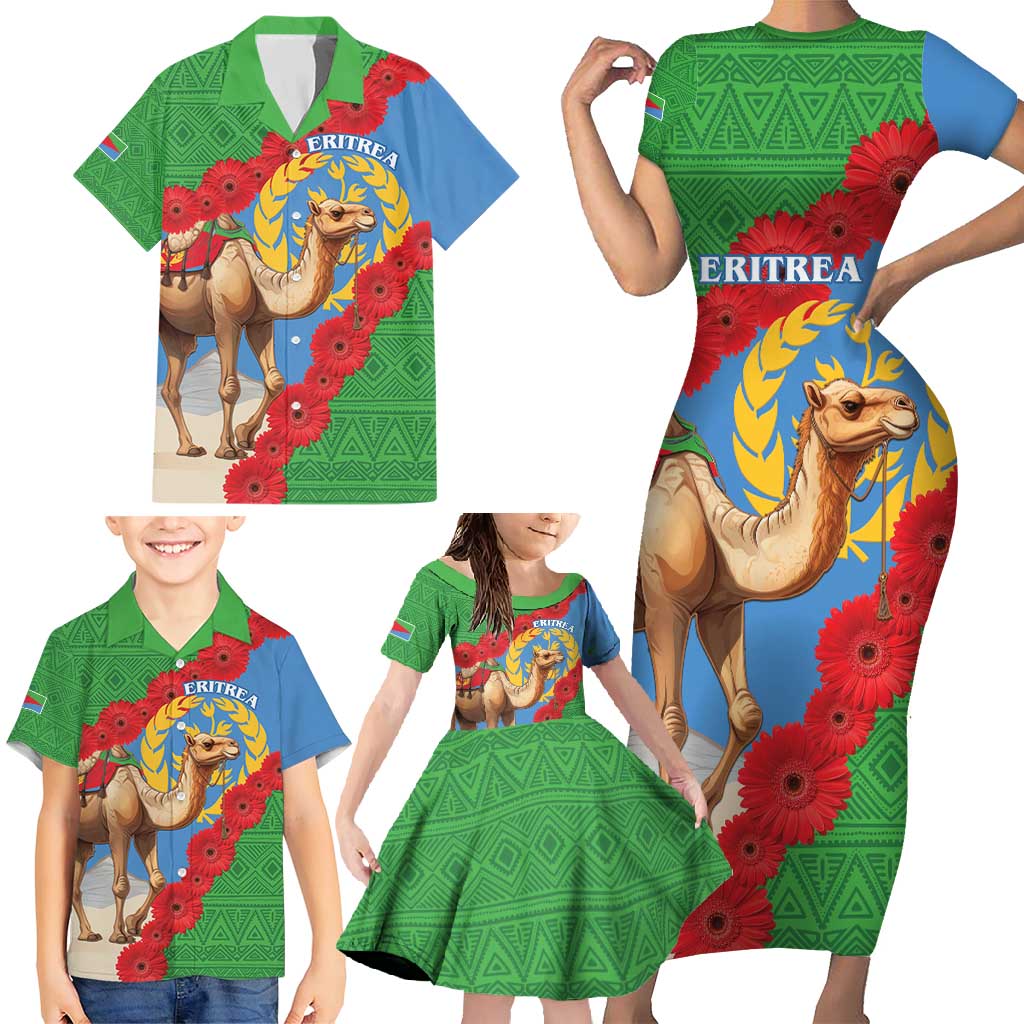 Personalised Eritrea Arabian Camel Family Matching Short Sleeve Bodycon Dress and Hawaiian Shirt Gerbera Flower Flag Color