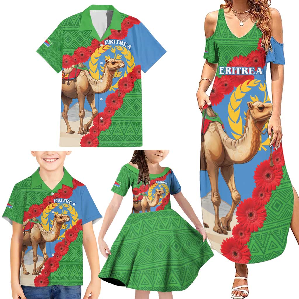 Personalised Eritrea Arabian Camel Family Matching Summer Maxi Dress and Hawaiian Shirt Gerbera Flower Flag Color