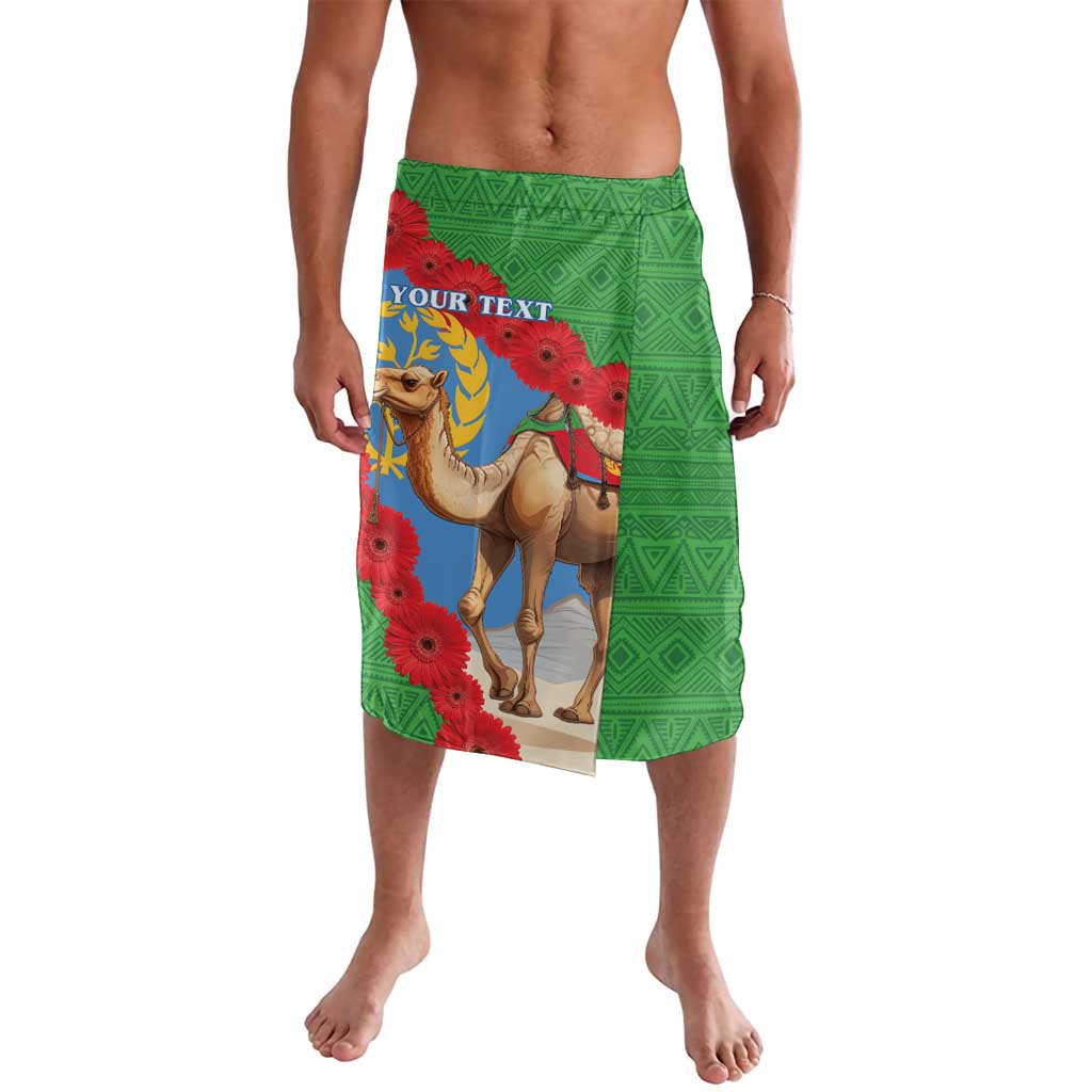 Personalized green lavalava with camel-and-flower Eritrea-style flag print and 'YOUR TEXT'.