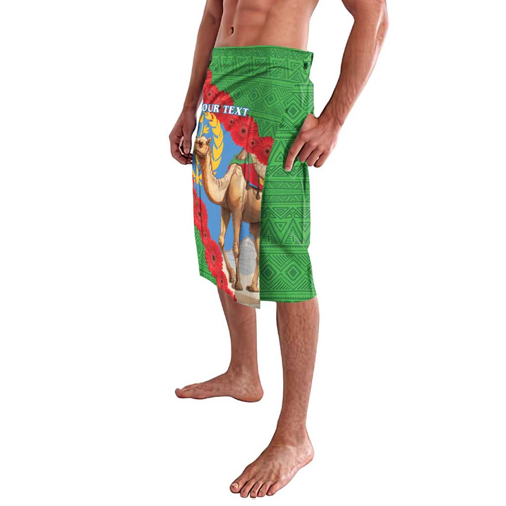 Personalized green lavalava with side view of camel-and-flowers Eritrea-style flag print.