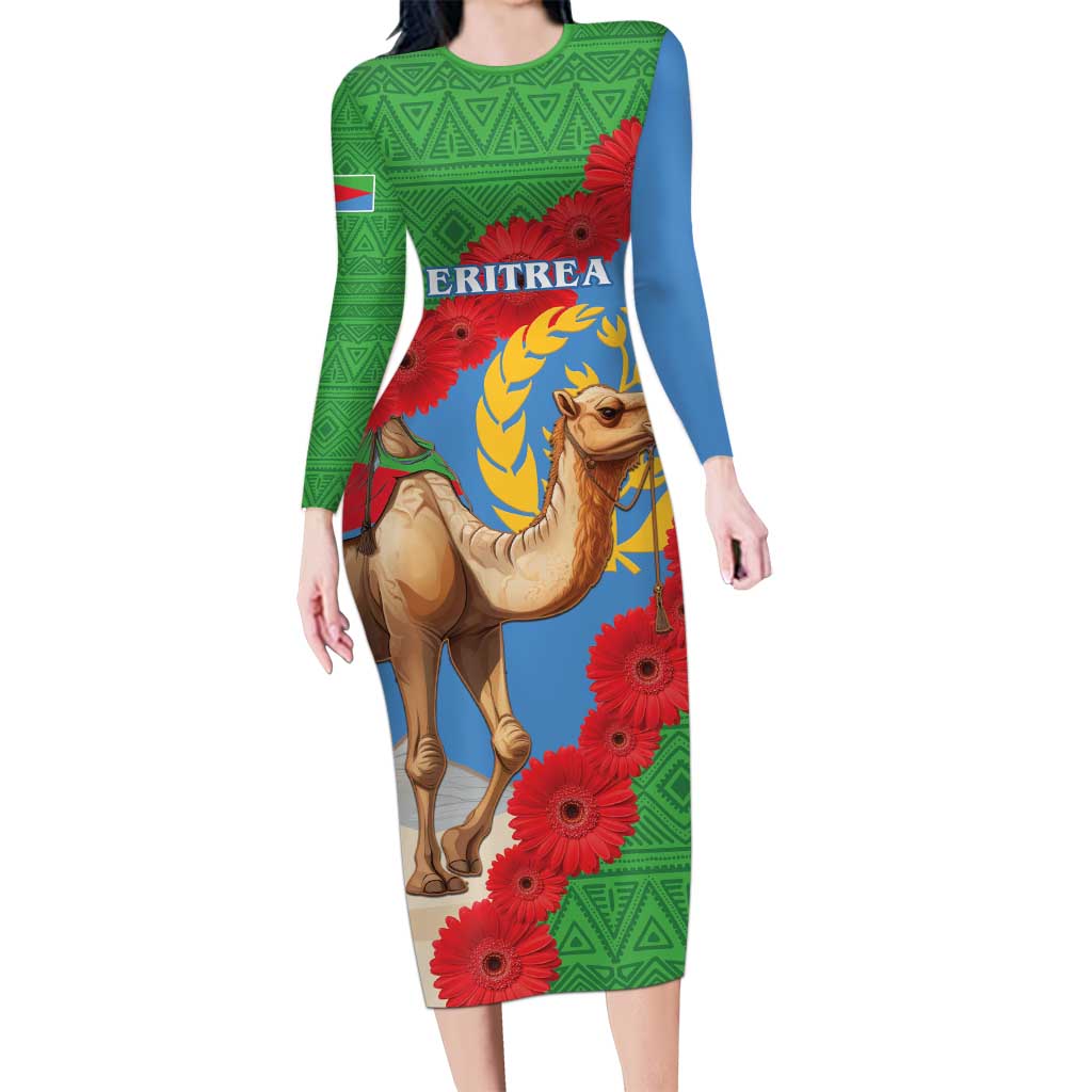 Personalised Eritrea Arabian Camel Long Sleeve Bodycon Dress Gerbera Flower Flag Color