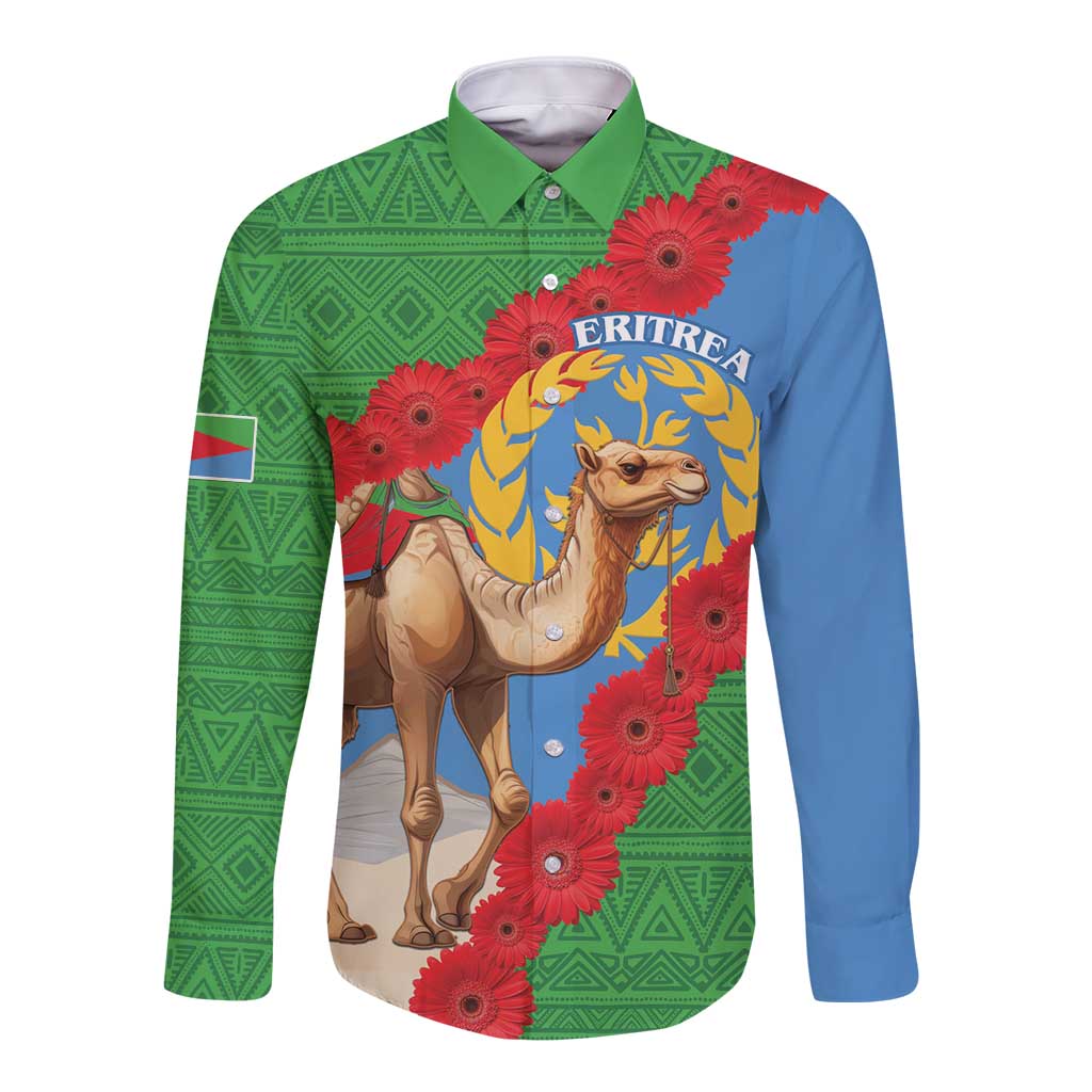 Unisex long-sleeve button shirt with Eritrea camel and flowers, green/blue front design