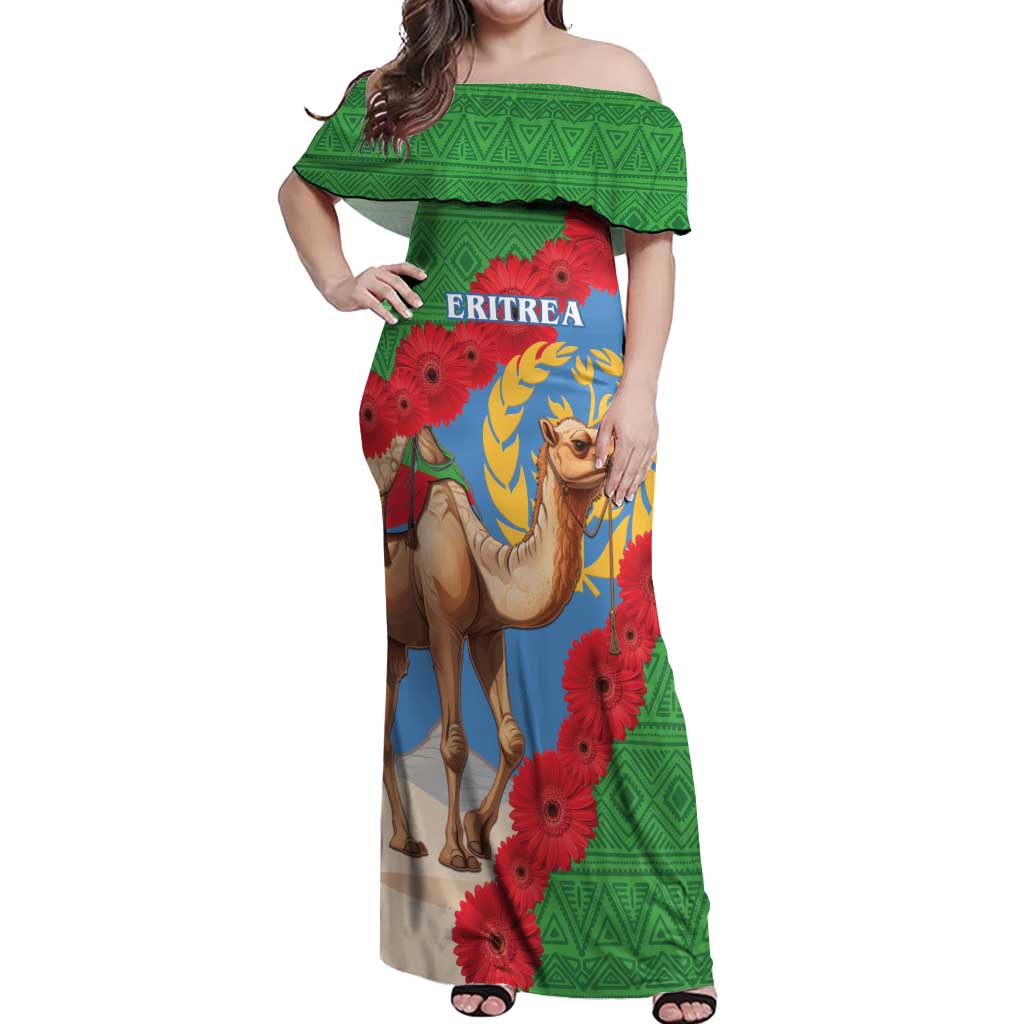 Personalised Eritrea Arabian Camel Off Shoulder Maxi Dress Gerbera Flower Flag Color