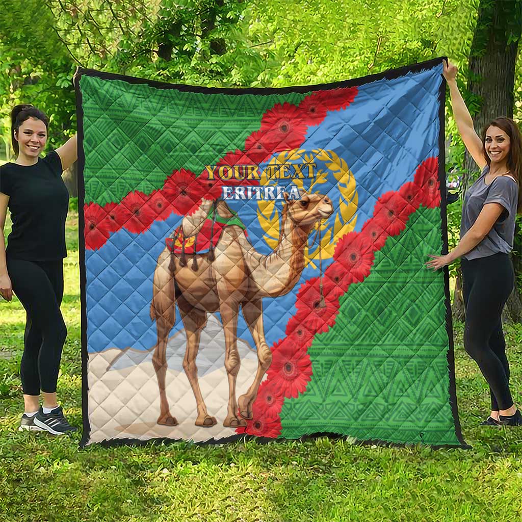 Eritrea flag quilt blanket featuring camel figures with “Your Text” in green, blue, red