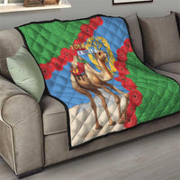 Quilt blanket draped on a sofa with Eritrea flag camel scene and “Your Text”