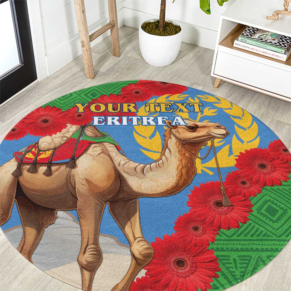 Round flag-style area rug with camel, red flowers, blue center and green border