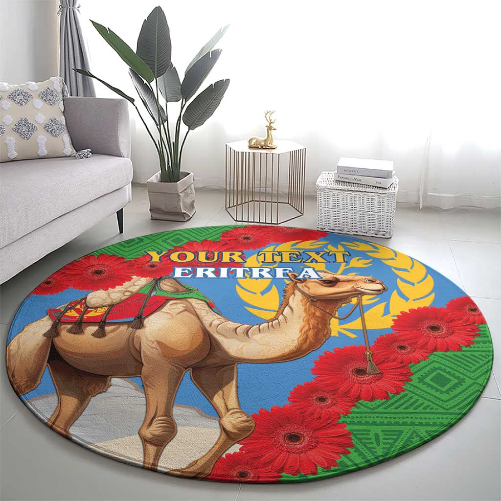 Round flag-style area rug with camel portrait, red flowers, blue field, green trim