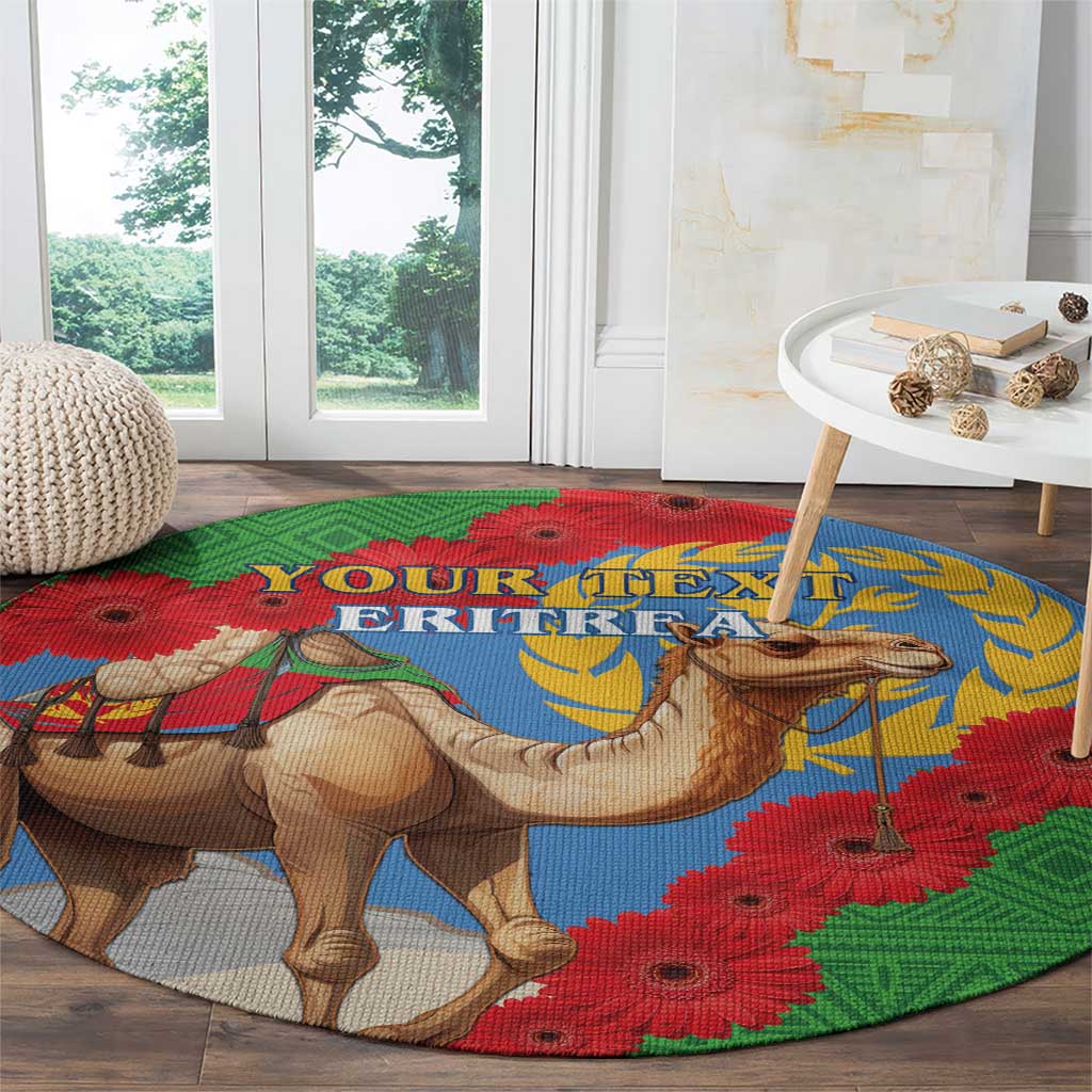 Round flag-style area rug with camel and red gerbera blooms, blue center, green edge