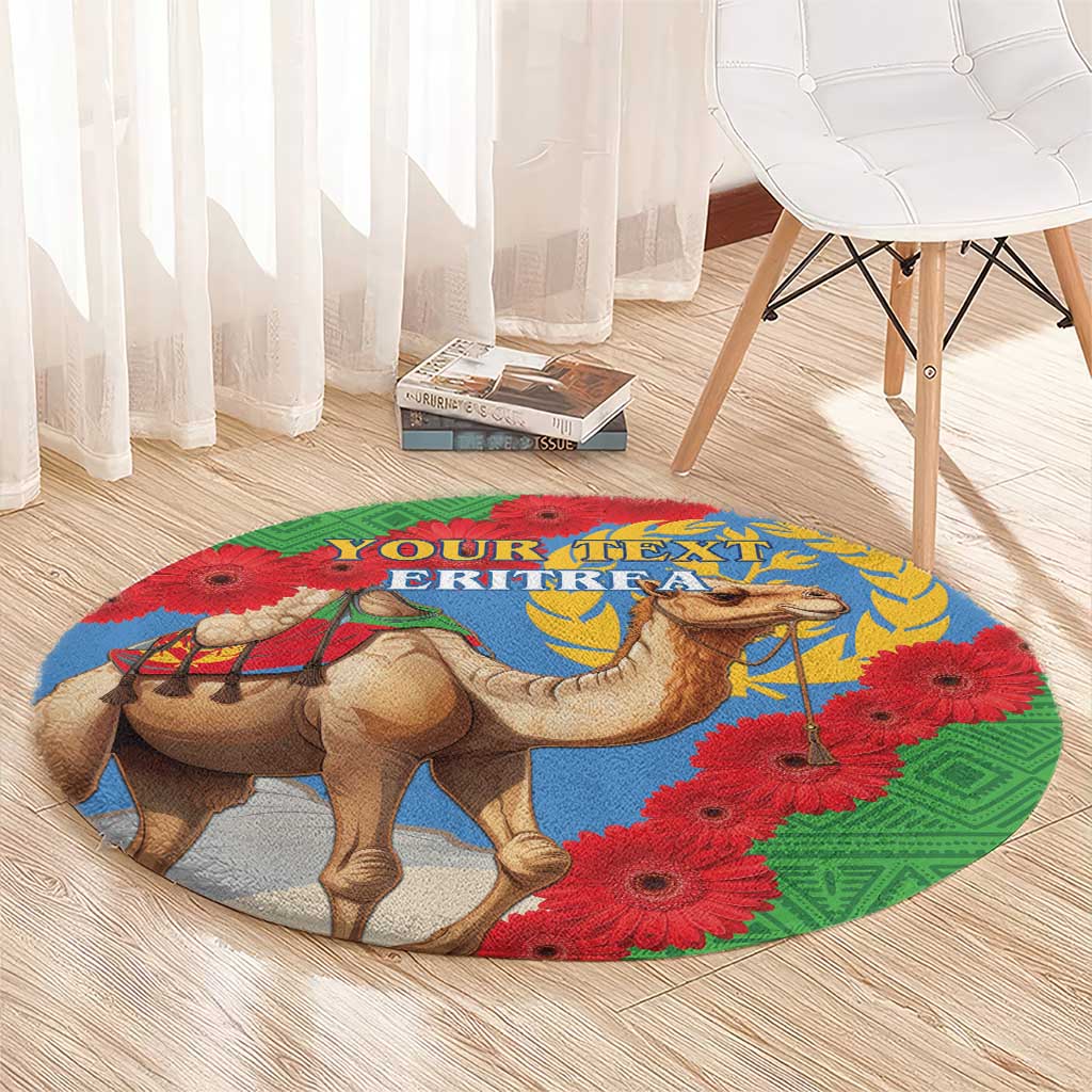 Round flag-style area rug with camel, red flowers, blue panel and green border on wood floor
