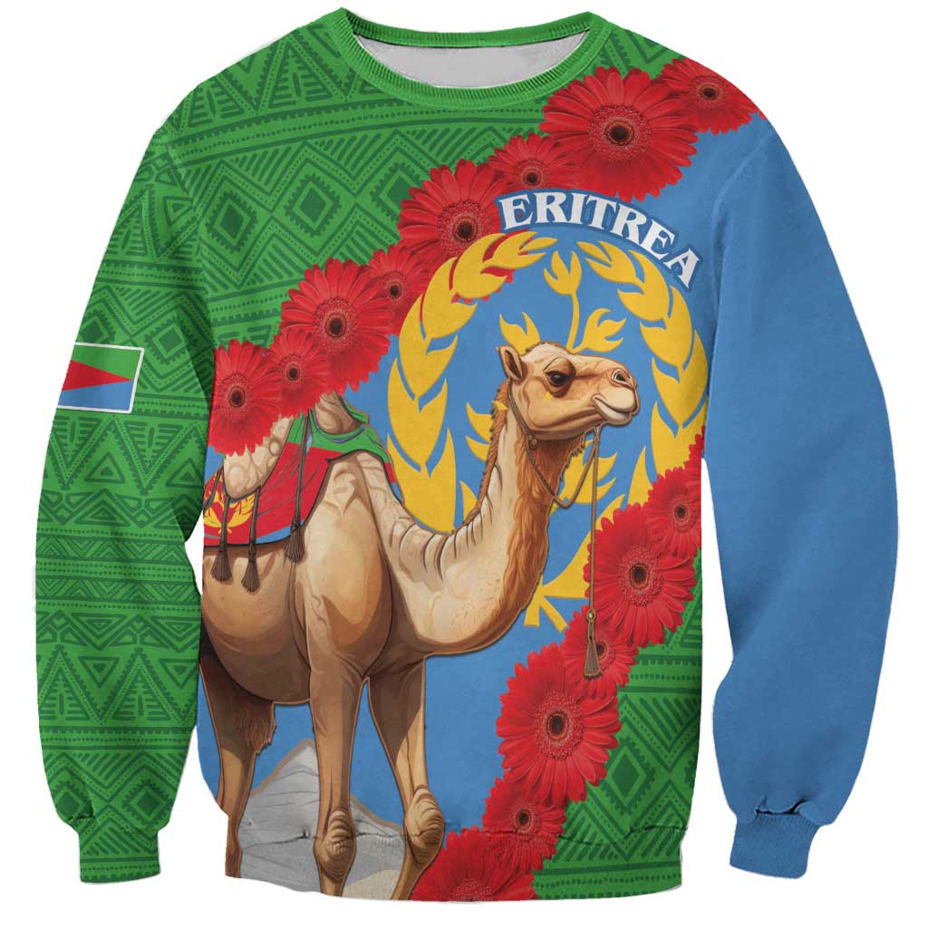 Unisex sweatshirt with green and blue design, camel artwork and red flowers