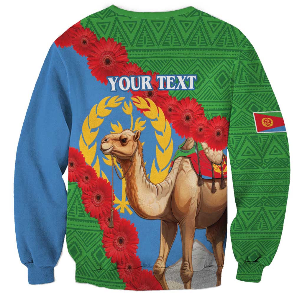 Unisex sweatshirt in green and blue with camel graphic, red flowers, YOUR TEXT on chest