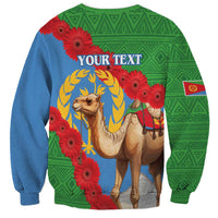 Unisex sweatshirt in green and blue with camel graphic, red flowers, YOUR TEXT on chest