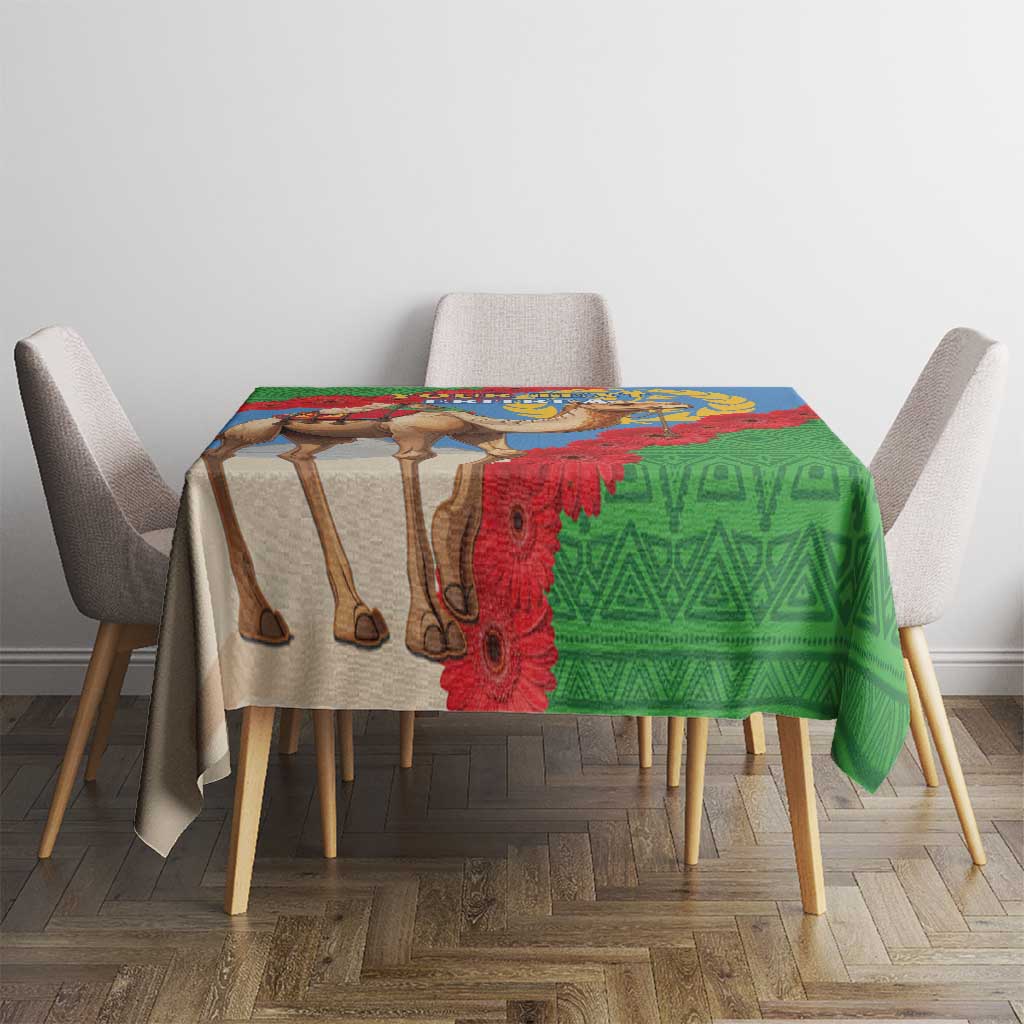 Green tablecloth with camel and red gerbera flowers, Eritrea-themed flag design