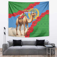 Eritrea camel tapestry wall hanging with red flower border, green patterned field, custom text