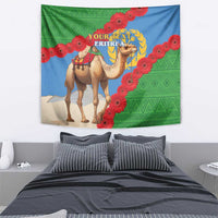 Eritrea camel tapestry wall hanging with red flower border, green pattern, custom text