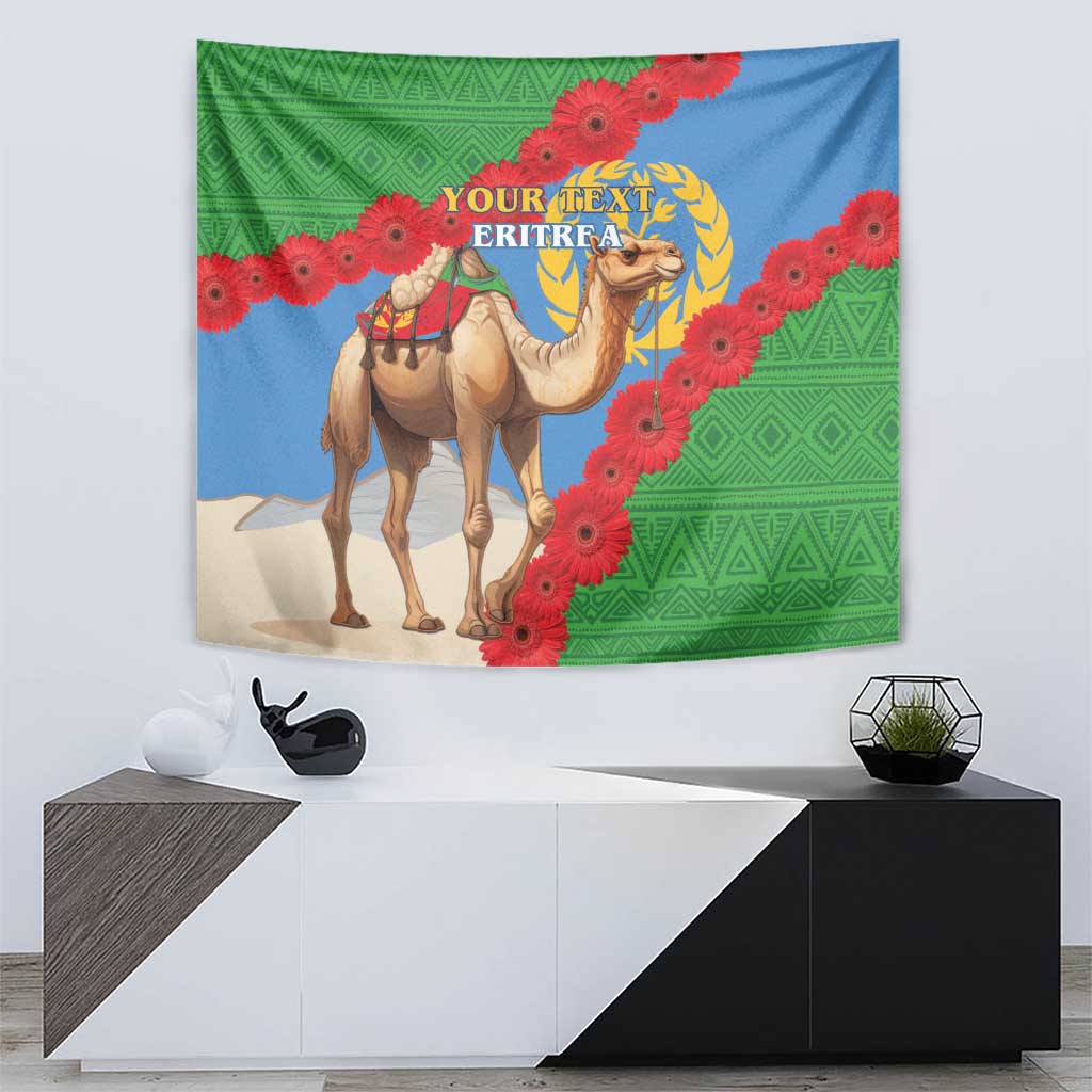 Eritrea camel tapestry wall hanging with camel figures, red flower border, green pattern, custom text