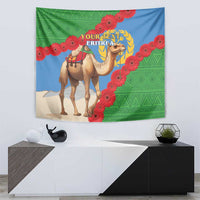 Eritrea camel tapestry wall hanging with camel figures, red flower border, green pattern, custom text