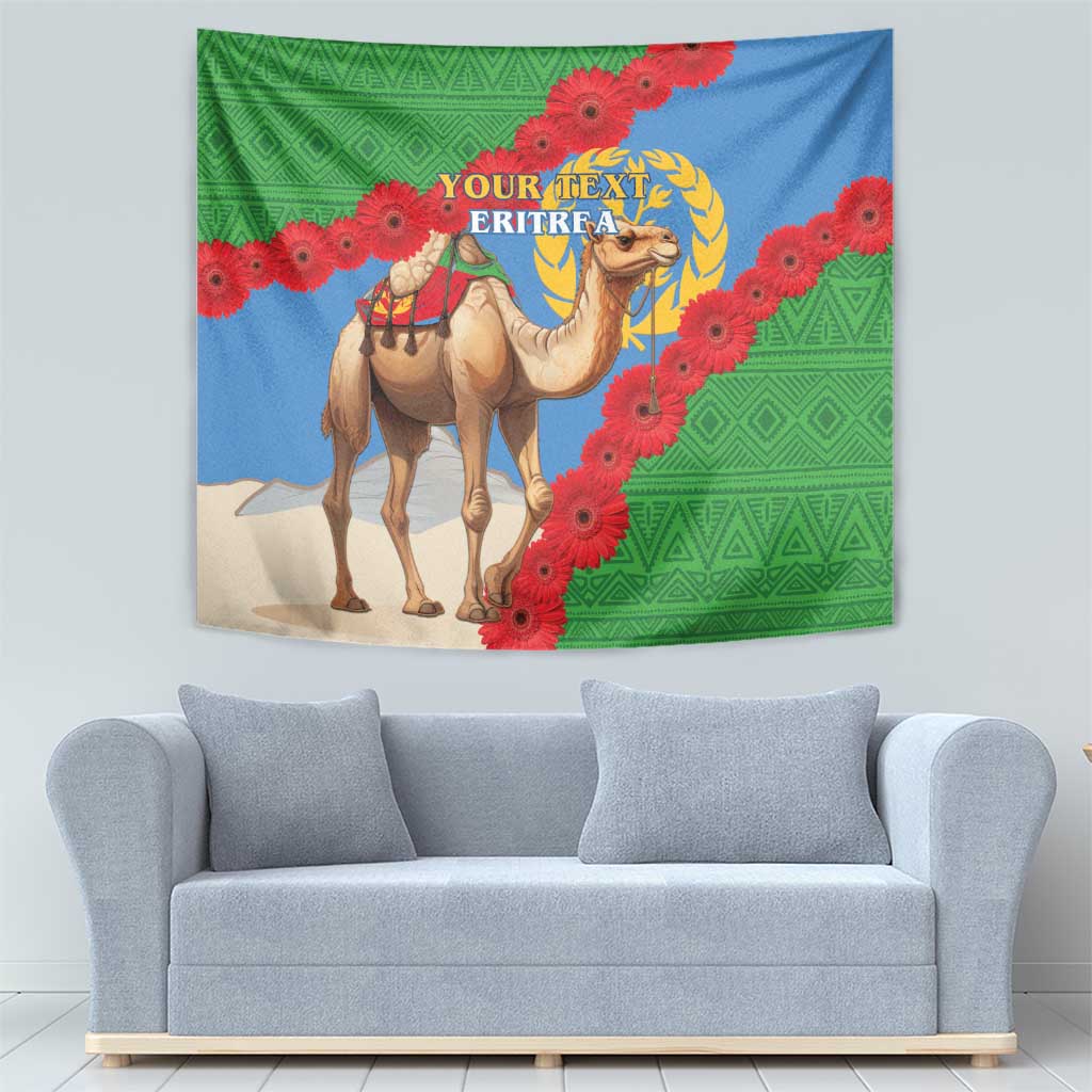 Eritrea camel tapestry wall hanging with red flower border, green patterned background, custom text