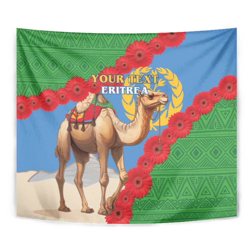 Eritrea camel tapestry wall hanging close-up with red floral border, blue and green, custom text
