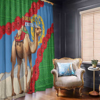 Green and blue window curtain panels with camel artwork and red poppy flower border