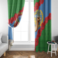 Green and blue window curtain panels with camel artwork and red poppy flower border