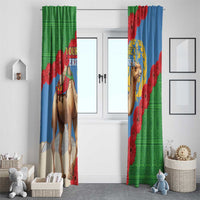 Green and blue window curtain panels with camel graphic, red flowers, and custom text