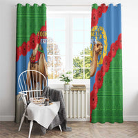 Green and blue window curtain panels with camel artwork, red flowers, and top heading