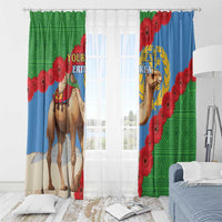 Green and blue window curtain panels with camel graphic, red flowers, and grommet top