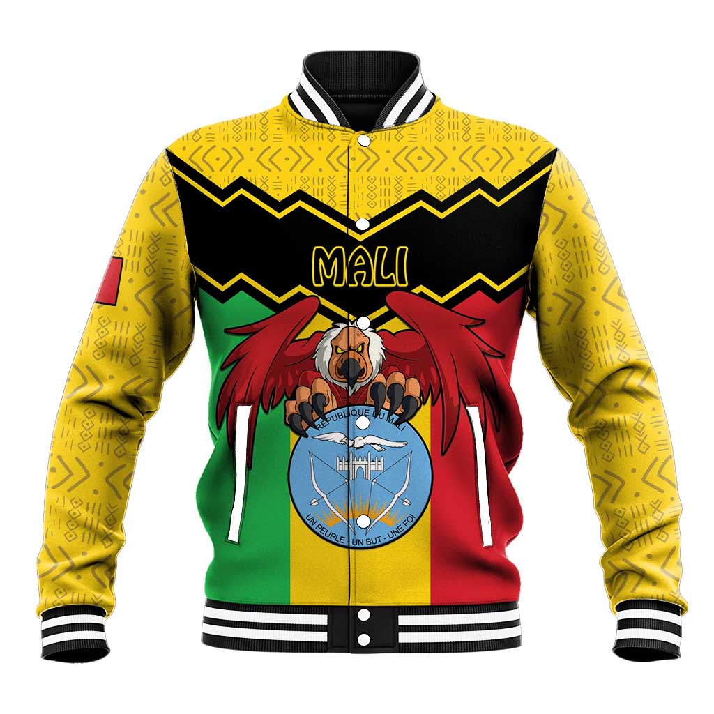 Yellow baseball varsity jacket with Mali graphic crest and striped ribbed trim