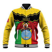Yellow baseball varsity jacket with Mali graphic crest and striped ribbed trim