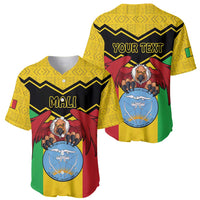 Pair of yellow baseball jerseys showing Mali emblem front and custom text back