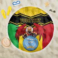 Round fringed Mali beach blanket with coat of arms and 'YOUR TEXT'—green, yellow, red