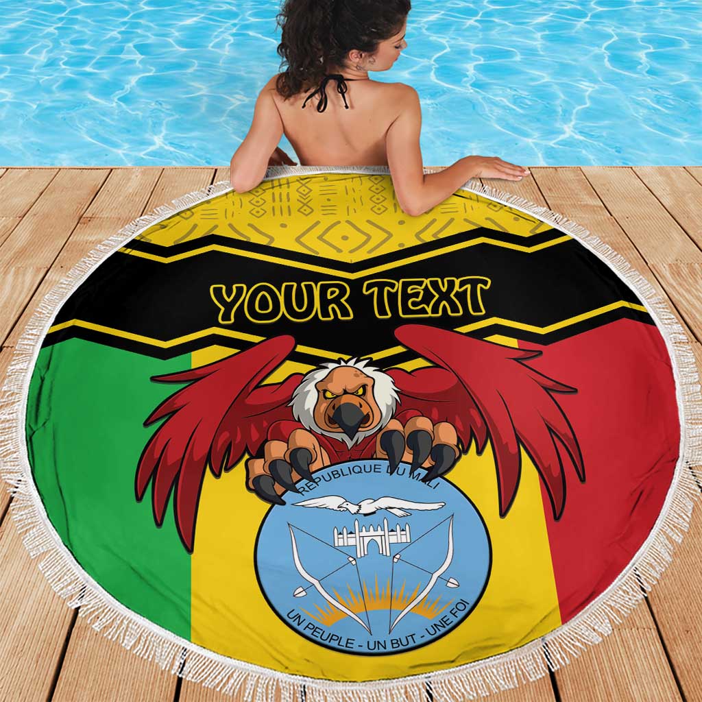 Round fringed Mali beach blanket with coat of arms and 'YOUR TEXT', shown from behind