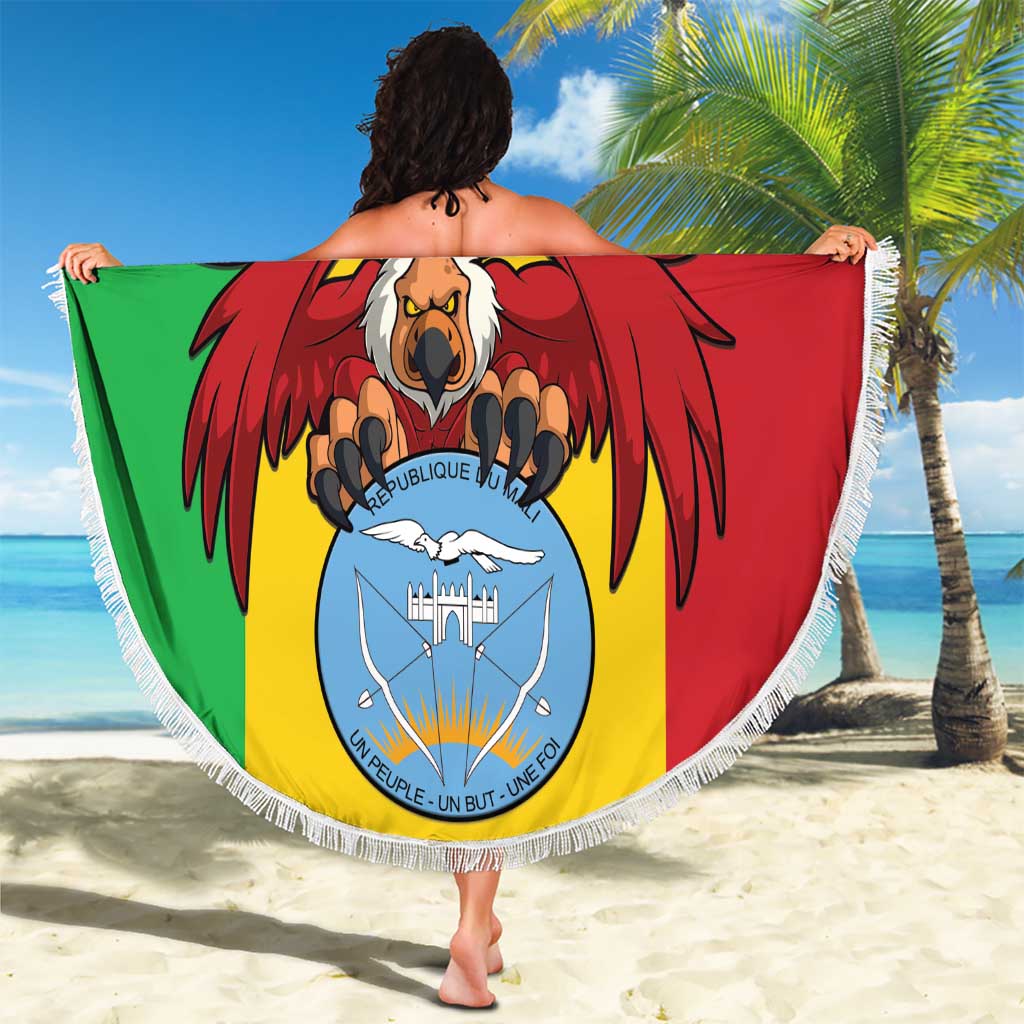 Round fringed Mali beach blanket with coat of arms and 'YOUR TEXT', held and spread out