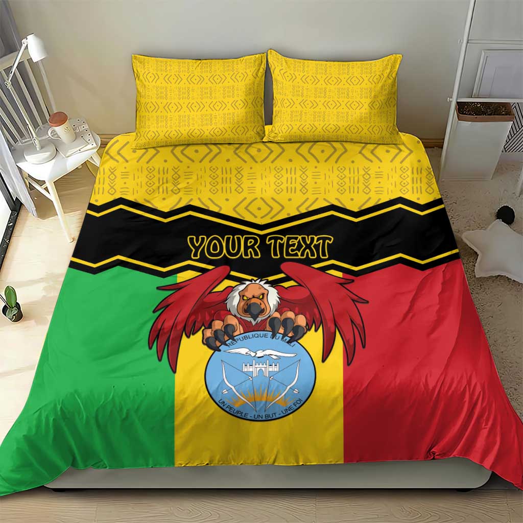 Mali bedding set with yellow patterned pillowcases and multicolor duvet, coat of arms, 'YOUR TEXT'