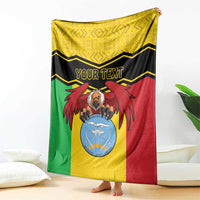 Color-block throw blanket with vulture coat of arms emblem and “YOUR TEXT” front panel