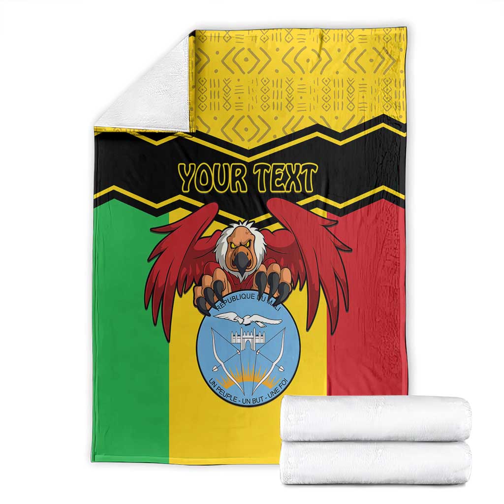 Stacked throw blanket with vulture coat of arms and “YOUR TEXT” over Mali colors