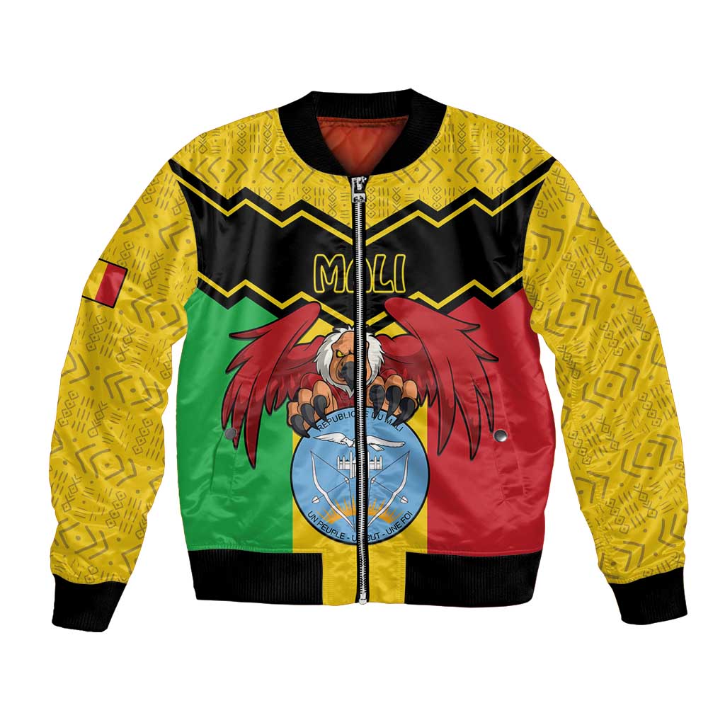 Unisex bomber jacket with yellow patterned sleeves, black collar, zip front, Mali emblem