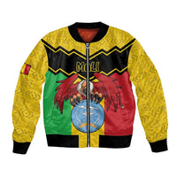 Unisex bomber jacket with yellow patterned sleeves, black collar, zip front, Mali emblem